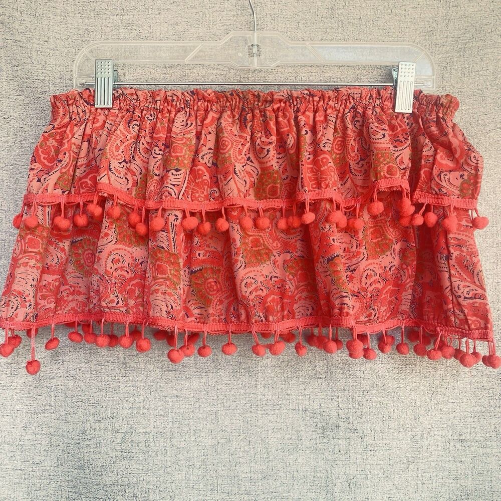Raga Smocked Tube Top Mini Skirt Womens Sm Pom Pom Paisley Boho Festival